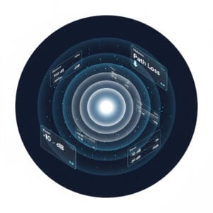 3D illustration showing wireless signal attenuation and free space path loss over distance