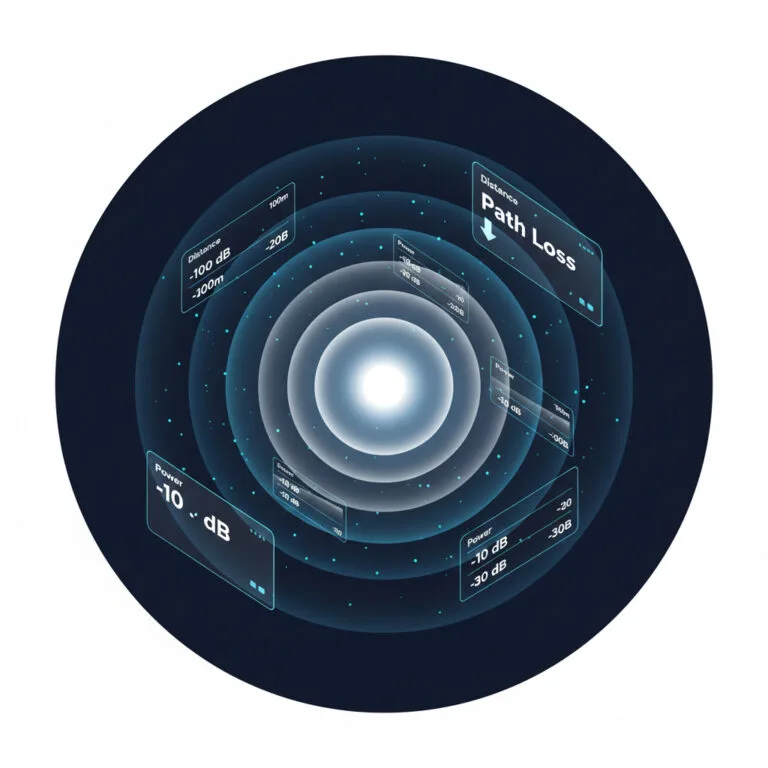 3D illustration showing wireless signal attenuation and free space path loss over distance