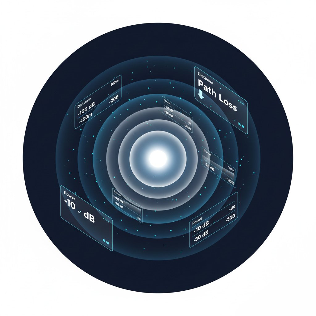 3D illustration showing wireless signal attenuation and free space path loss over distance