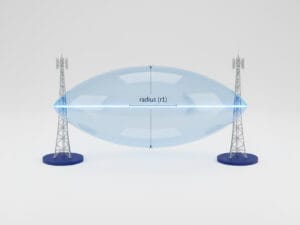 3D diagram of the 1st Fresnel Zone ellipsoid between two radio antennas for signal clearance analysis