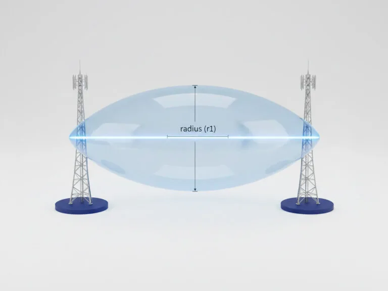 3D diagram of the 1st Fresnel Zone ellipsoid between two radio antennas for signal clearance analysis