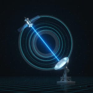 3D illustration showing radio wave propagation and power gain between two antennas based on the Friis equation.