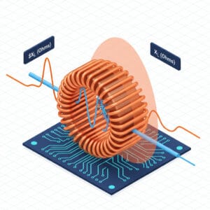 3D illustration showing the relationship between frequency and inductive reactance in a copper coil