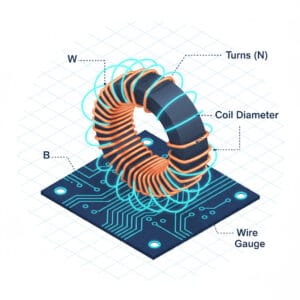 3D engineering diagram of a copper coil inductor with magnetic field visualization and measurement labels