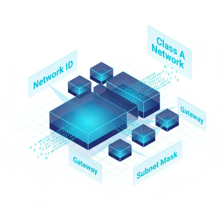 3D digital visualization of network subnetting, showing IP address blocks being divided into smaller logical segments