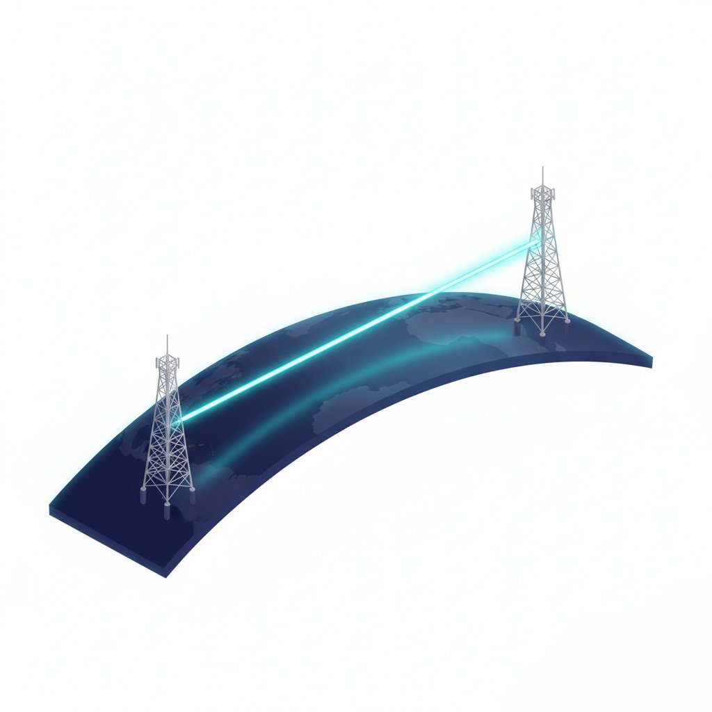 3D illustration of a line-of-sight path between two points over a curved Earth horizon