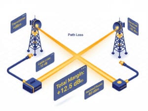 3D illustration of a wireless link budget showing signal gains and losses from transmitter to receiver