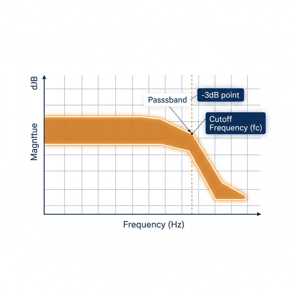3D visualization of a low-pass filter frequency response curve showing high-frequency attenuation and signal smoothing