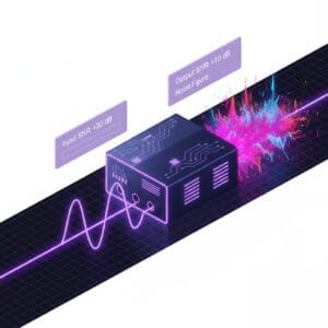 3D illustration visualizing noise figure calculation and signal-to-noise ratio degradation in RF systems