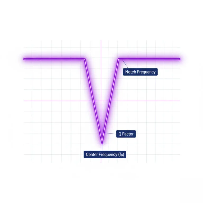 3D visualization of a notch filter frequency response curve showing specific frequency rejection