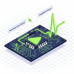 3D illustration of an operational amplifier circuit showing signal amplification and feedback resistors