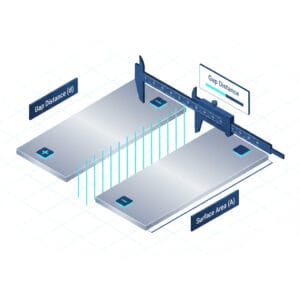 3D technical diagram of a parallel plate capacitor showing area, distance, and dielectric field