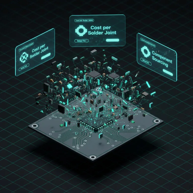 3D illustration of an SMT pick-and-place machine assembling components on a PCB for cost estimation