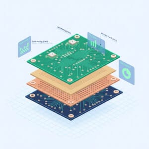 3D visualization of a PCB prototype with holographic cost breakdown and manufacturing parameter labels