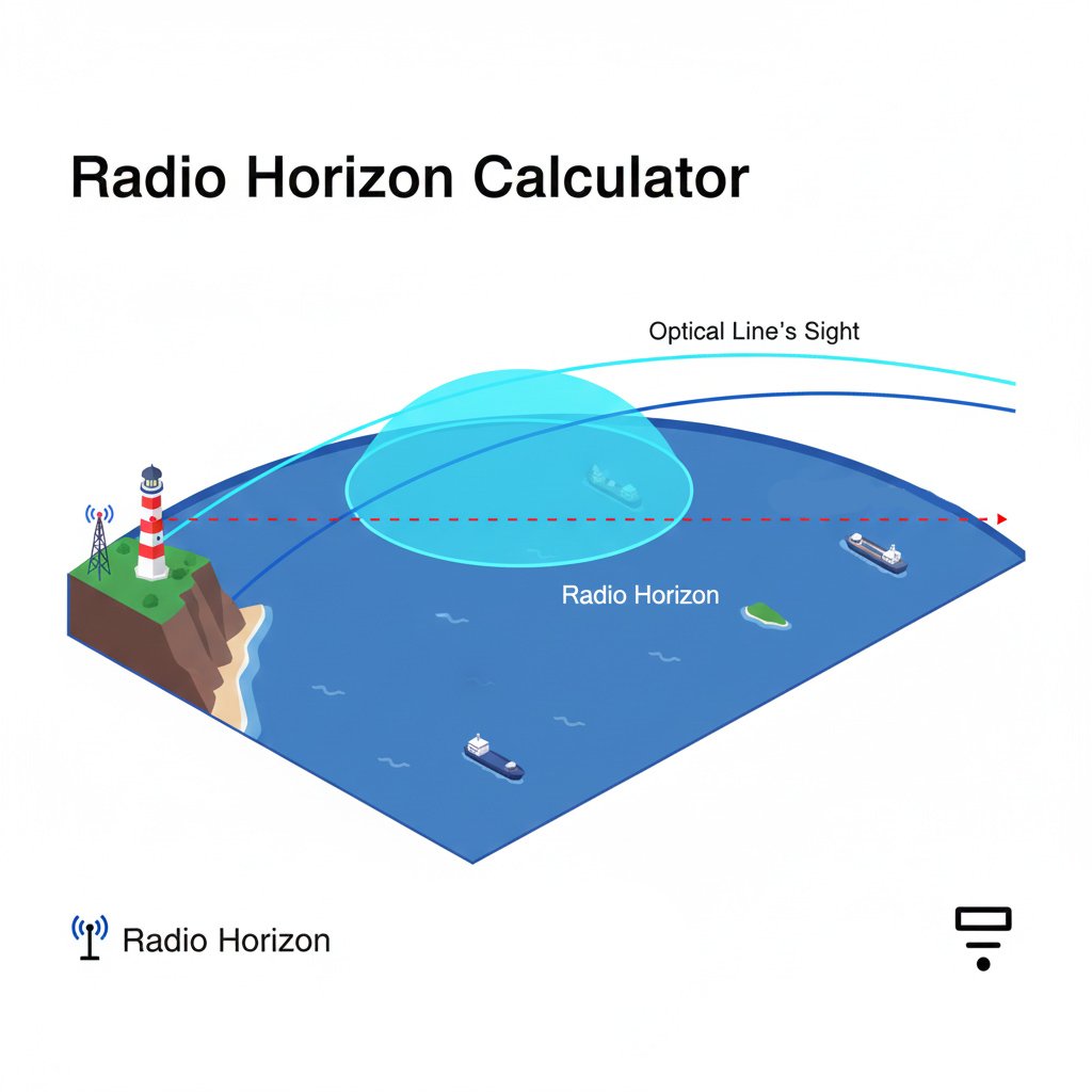 Infographic illustrating the radio horizon distance concept, showing how antenna height extends the signal reach over the Earth's curvature.