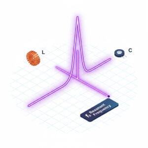 3D technical visualization of a resonant frequency peak in an RLC circuit with inductor and capacitor components