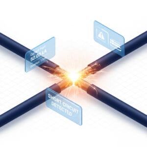 3D illustration showing a short circuit fault event and current surge calculation in a power system