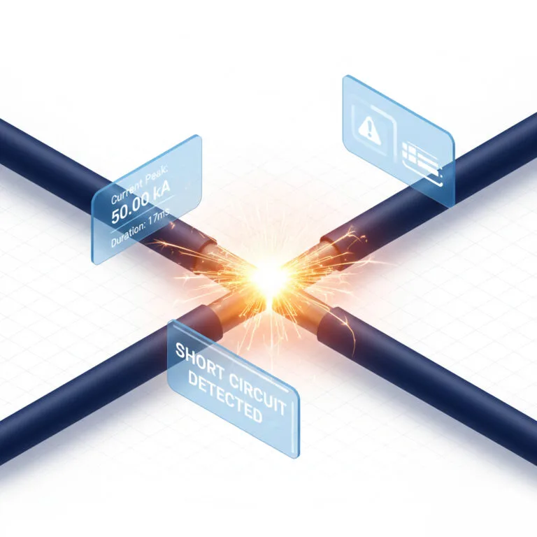3D illustration showing a short circuit fault event and current surge calculation in a power system