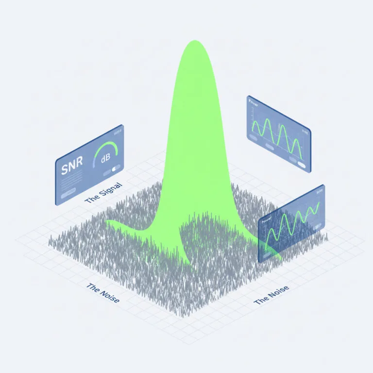 3D illustration comparing a clear signal wave against background noise for SNR calculation