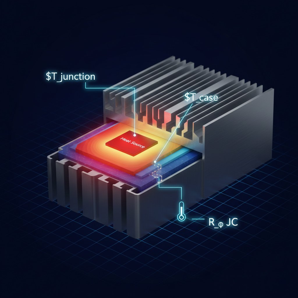 3D visualization of heat conduction from an electronic component to a heatsink showing thermal resistance layers