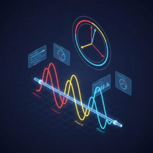 3D illustration of three-phase sine waves and vector diagrams for power and current calculations