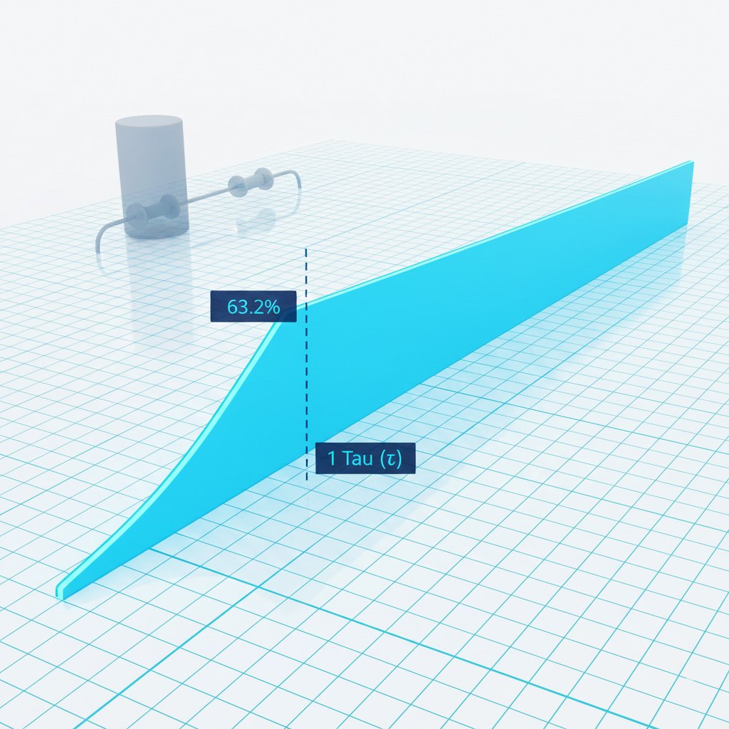3D visualization of the RC time constant showing an exponential charging curve and the 63.2 percent mark
