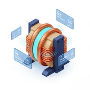 3D technical illustration showing transformer windings and impedance calculation parameters for power systems