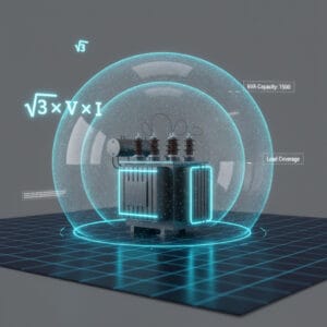 3D technical illustration of a power transformer showing kVA capacity and electrical load calculation