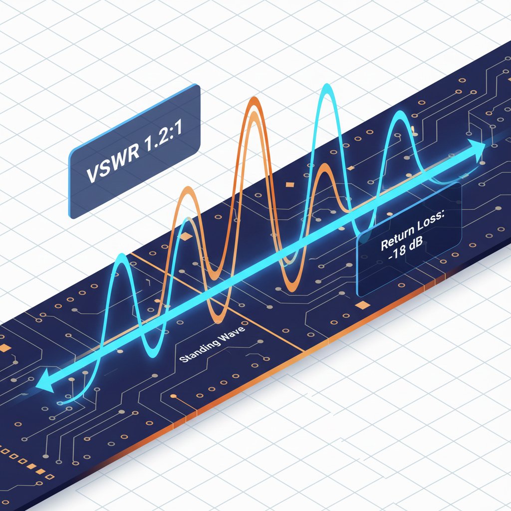 3D illustration of standing wave patterns and reflected power for VSWR calculation in RF systems