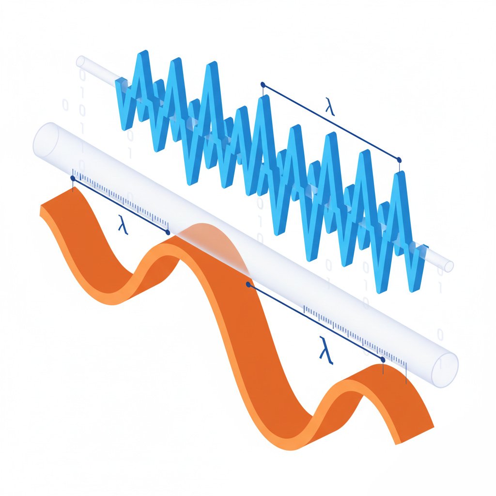 3D illustration of sine waves with different frequencies and measured wavelengths for RF engineering