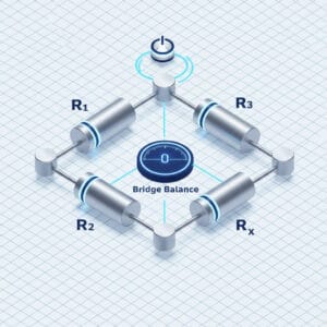 3D circuit diagram of a Wheatstone Bridge showing four resistors in a balanced diamond configuration