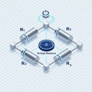 3D circuit diagram of a Wheatstone Bridge showing four resistors in a balanced diamond configuration