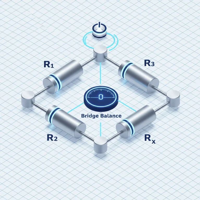 3D circuit diagram of a Wheatstone Bridge showing four resistors in a balanced diamond configuration