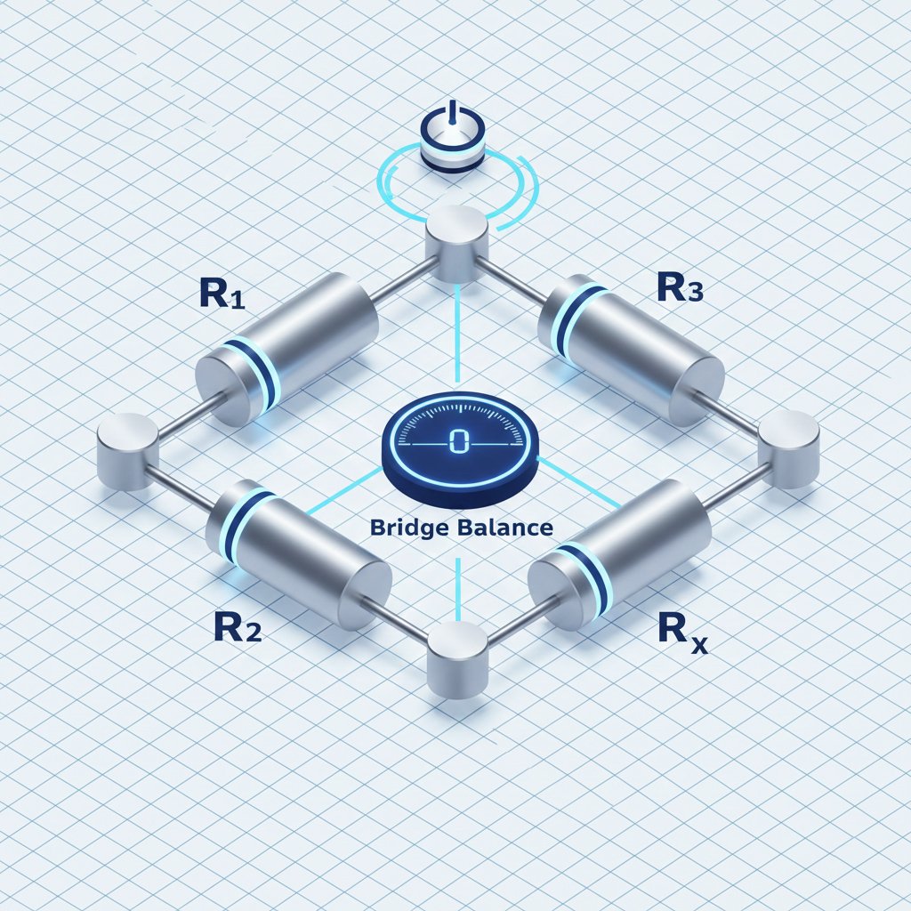 3D circuit diagram of a Wheatstone Bridge showing four resistors in a balanced diamond configuration