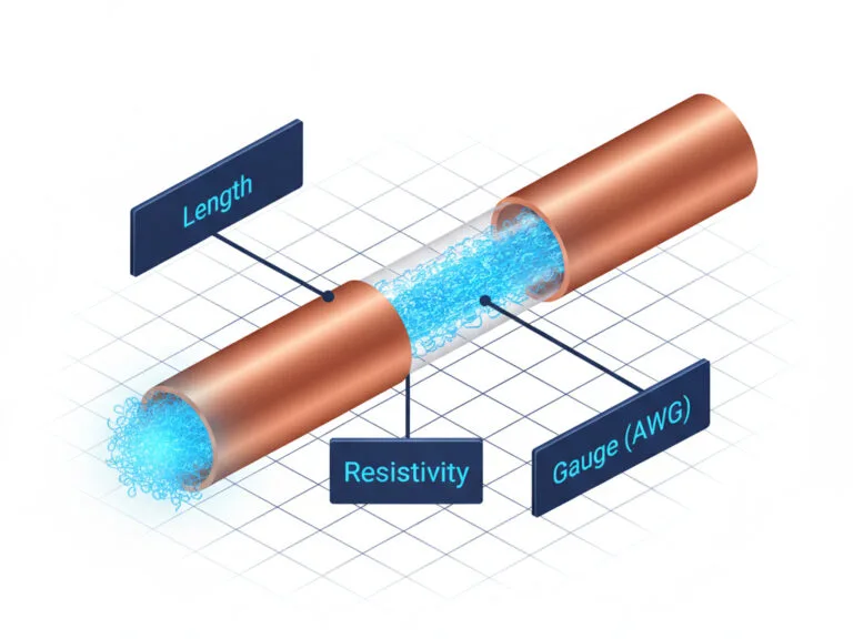 3D illustration of a copper wire with measurement indicators for calculating electrical resistance and resistivity