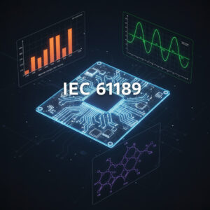 PCB Prototyping 10 An artistic cover design featuring a translucent, holographic schematic of a circuit board overlaid with three transparent technical diagrams: a material strength bar graph, an electrical sine wave, and a chemical molecular structure, with the text "IEC 61189" centered.
