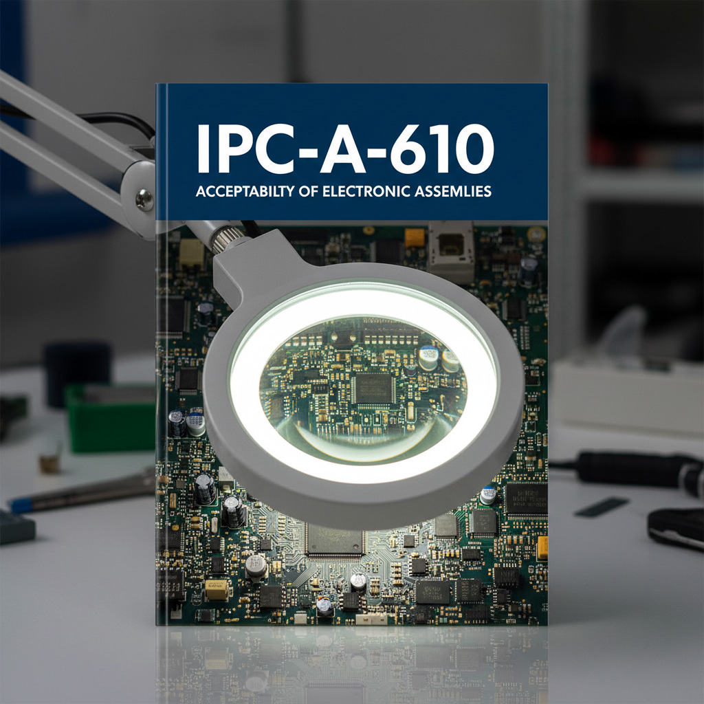 A professional book cover for the IPC-A-610 electronic assembly standard, showing a high-magnification view of a green printed circuit board (PCB) with tiny Surface Mount Technology (SMT) components under the bright ring light of a magnifying inspection lamp. The title "IPC-A-610" is boldly displayed on a dark blue header.