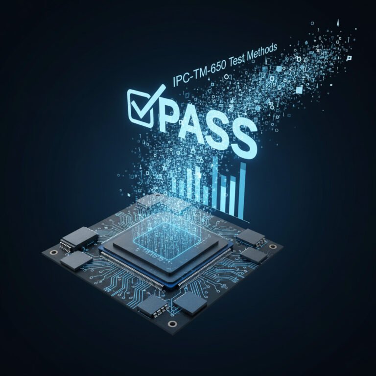 Conceptual 3D render showing glowing blue data streams flowing from a circuit board towards a digital 'PASS' icon, overlaid with the title "IPC-TM-650 Test Methods."