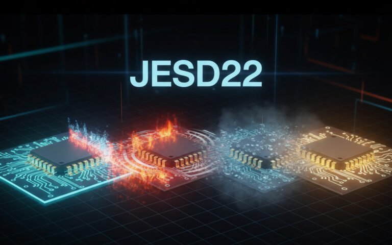 A visual timeline showing four microchips on a circuit board, progressively subjected to temperature cycling, mechanical shock (twice with different effects), and humidity stress, with the final chip appearing intact, and "JESD22" text above.