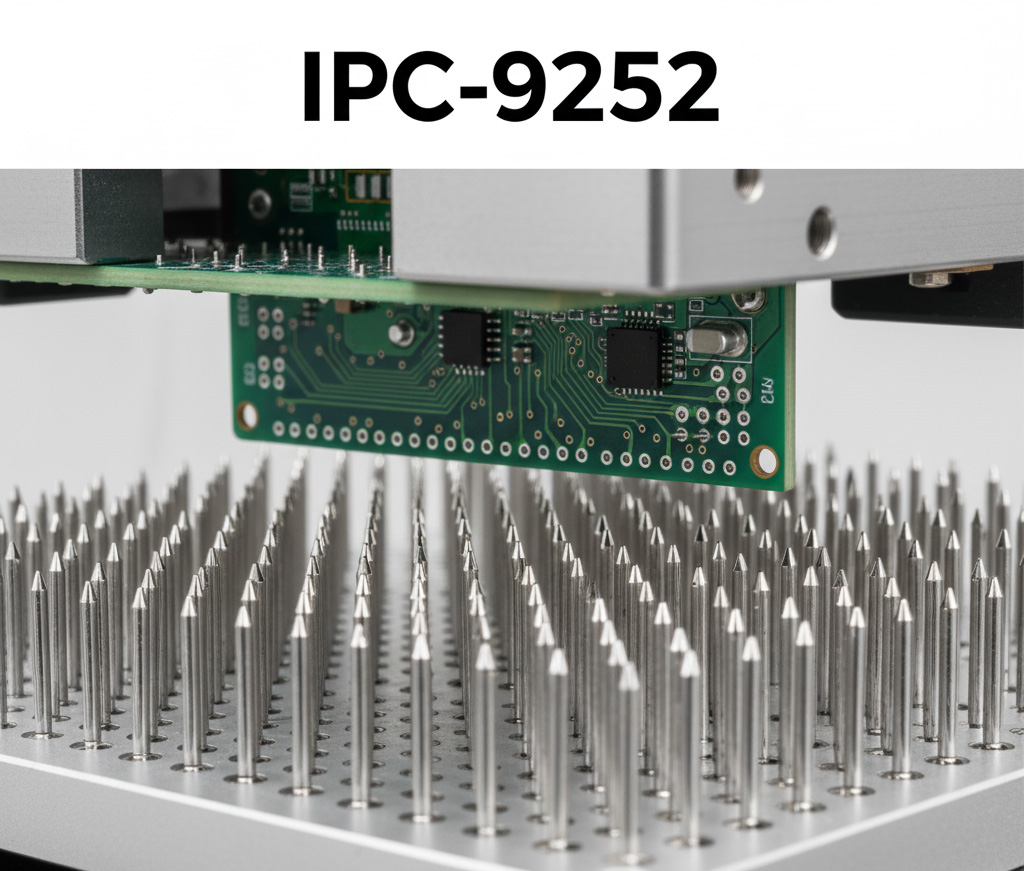 Close-up photograph of a green printed circuit board (PCB) suspended over hundreds of sharp, silver pins of a bed-of-nails test fixture, with the title "IPC-9252" above.