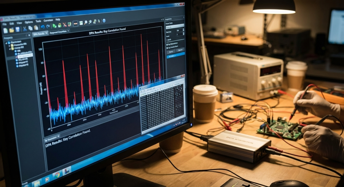 A high-resolution display showing a DPA correlation graph with sharp red spikes against blue noise, positioned in front of a blurred hardware hacking setup featuring a circuit board, data acquisition unit, and an engineer's hands using a multimeter probe.