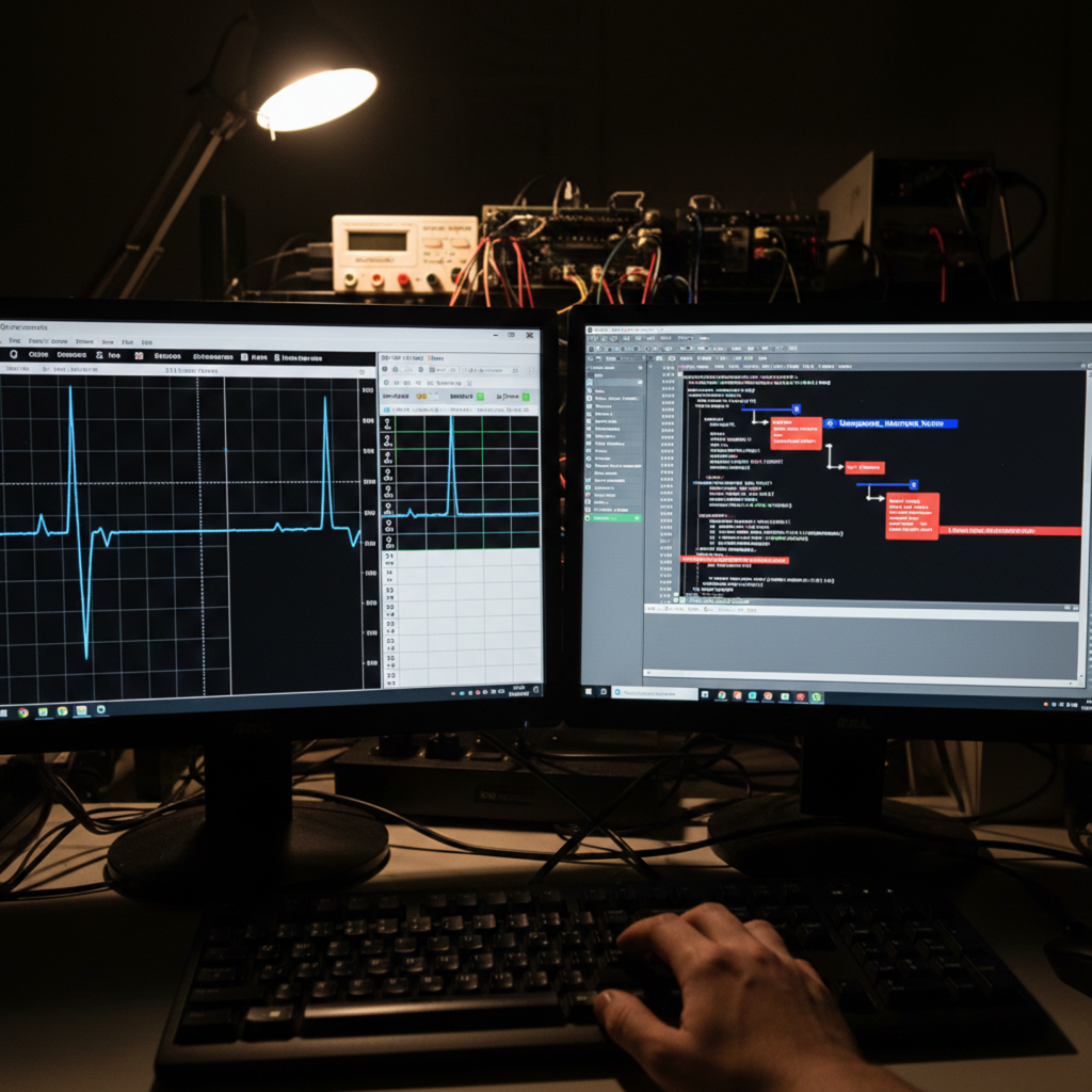 A first-person perspective of a technical workbench featuring two monitors. The left screen shows oscilloscope waveforms and a logic analyzer with flatlined channels. The right screen displays a disassembler's control flow graph with a red-highlighted interrupt. A hand rests on a keyboard in the foreground under a desk lamp.