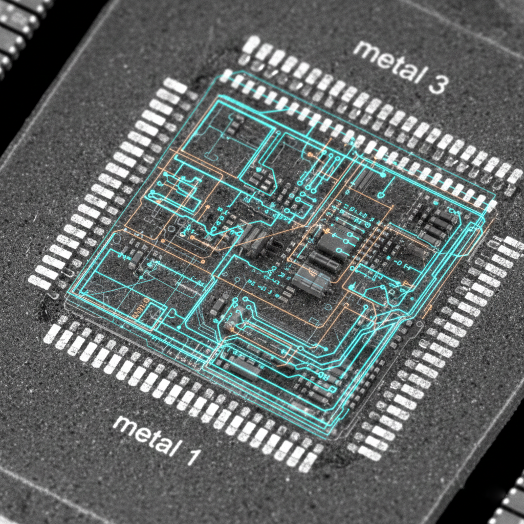 A hyper-realistic macro SEM view of a silicon chip showing exposed metallic interconnect layers labeled "metal 1" and "metal 3," with a glowing translucent digital schematic in cyan and amber superimposed over the nanometer-scale transistors and vias.