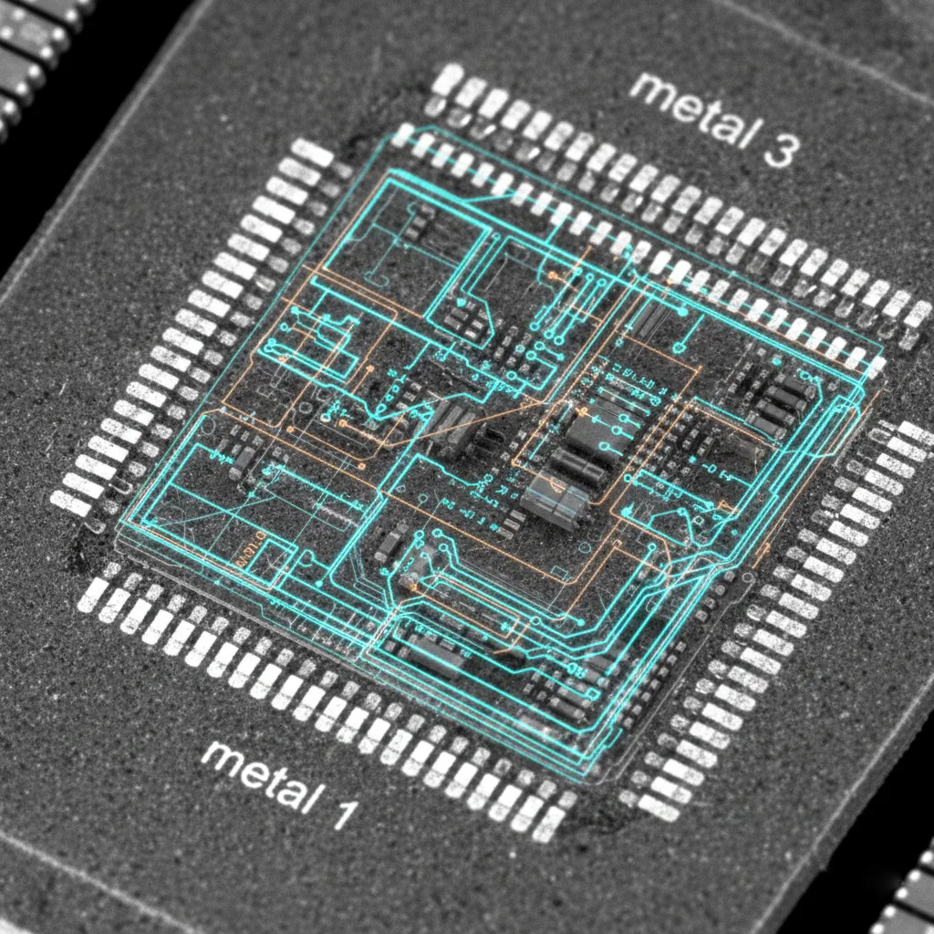 IC Reverse Engineering 16 A hyper-realistic macro SEM view of a silicon chip showing exposed metallic interconnect layers labeled "metal 1" and "metal 3," with a glowing translucent digital schematic in cyan and amber superimposed over the nanometer-scale transistors and vias.