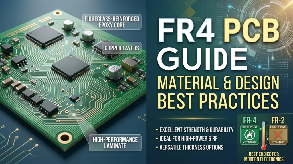 High-quality FR4 PCB board with electronic components and callouts highlighting fibreglass-reinforced epoxy core, copper layers, and high-performance laminate features.