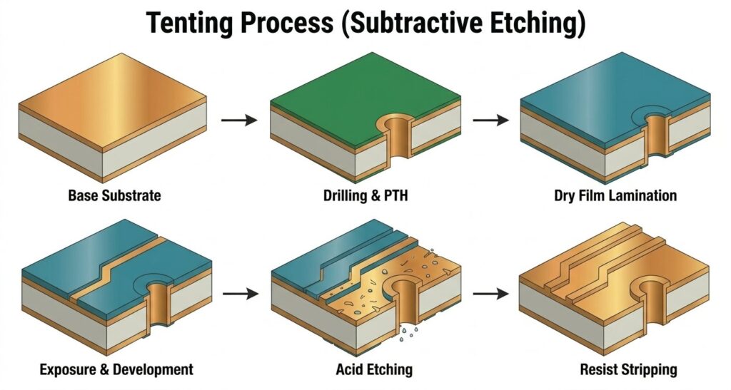 A 3D isometric diagram showing the six stages of PCB subtractive etching: Base Substrate, Drilling & PTH, Dry Film Lamination, Exposure & Development, Acid Etching, and Resist Stripping