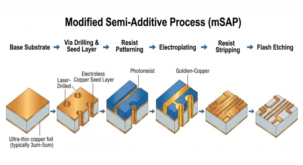 A 3D isometric infographic showing the six stages of mSAP: Base Substrate with ultra-thin foil, Via Drilling & Seed Layer, Resist Patterning, Electroplating, Resist Stripping, and Flash Etching