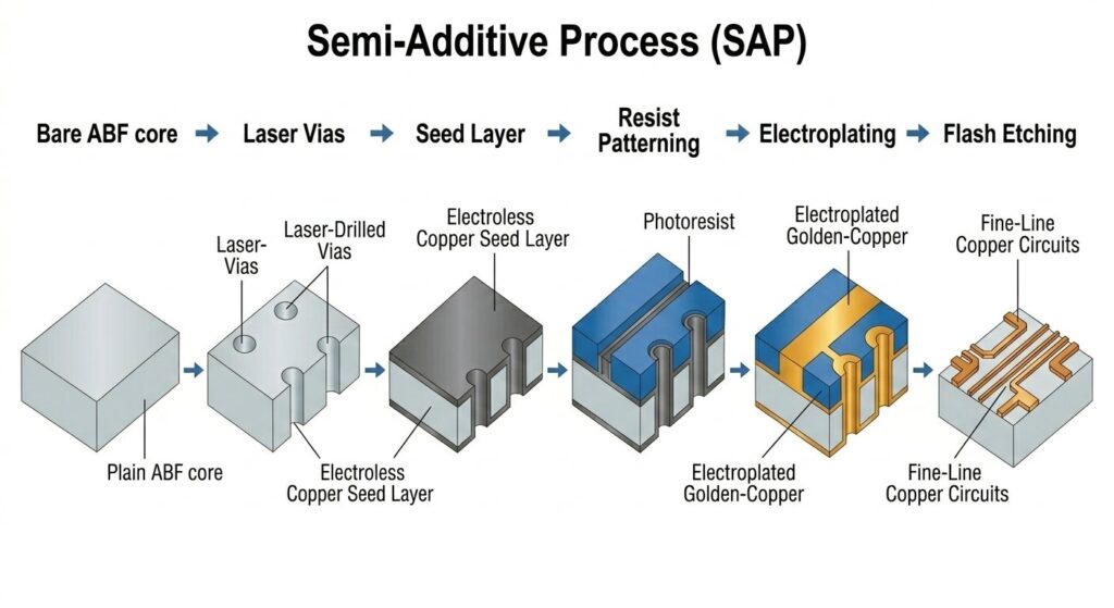 A six-step isometric diagram showing the SAP workflow: Bare ABF core, Laser Vias, Seed Layer, Resist Patterning, Electroplating, and Flash Etching