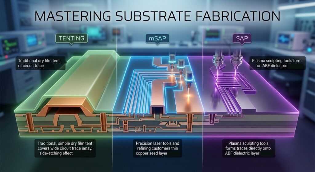 A detailed 3D cross-section diagram comparing Tenting, mSAP, and SAP fabrication processes on an IC substrate, featuring micro-vias and high-density interconnects in a futuristic laboratory setting