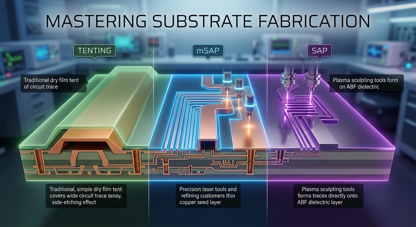 A detailed 3D cross-section diagram comparing Tenting, mSAP, and SAP fabrication processes on an IC substrate, featuring micro-vias and high-density interconnects in a futuristic laboratory setting